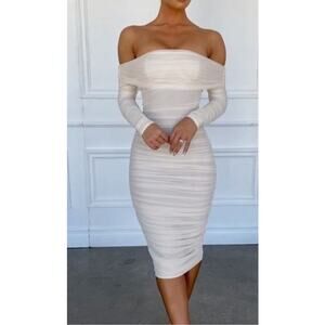 House of CB Off-Shoulder Cream Midi Dress